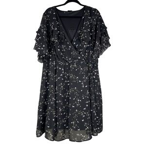 Torrid Black Floral Crane Bird Print Chiffon Dress Ruffle Flutter Sleeve Size 3X